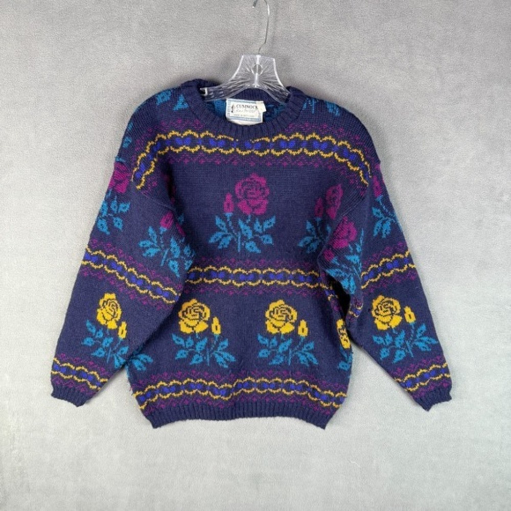 VTG Cumnock Womens‎ Wool Sweater L Flowers Cottagecore Cosby Scotland Made RARE